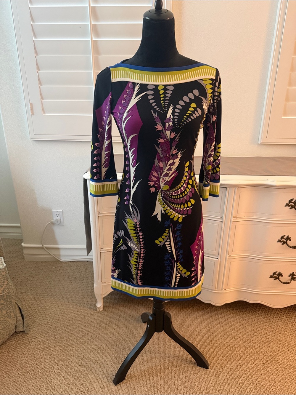 Ali Ro Black Boatneck Long Sleeve Dress with Purple and Lime Accents